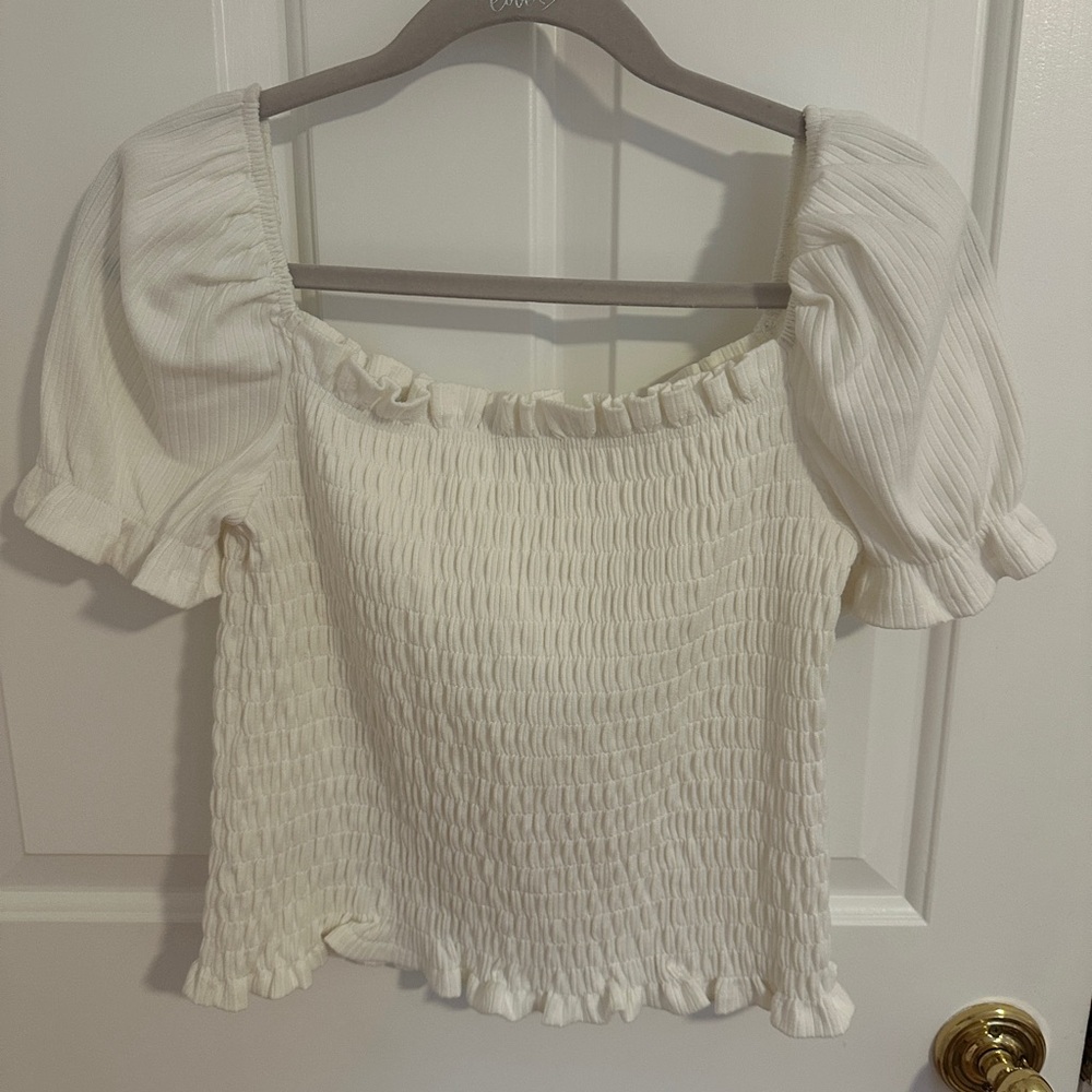Astr White Smocked Puff Sleeve Blouse